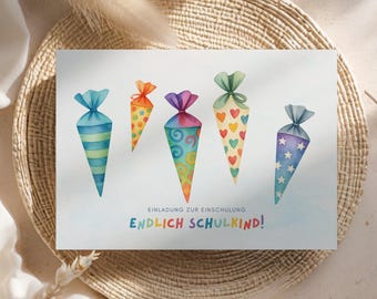 Invitation card for school enrollment of girls, colorful invitation to the start of school school cone, school enrollment invitation for boys, school start card