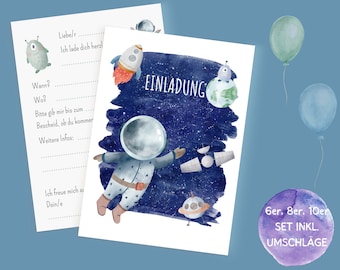 May include: Watercolor invitation cards with a space theme. The design features an astronaut, planets, a rocket, and the word "EINLADUNG". Includes a matching card with fill-in-the-blank fields. Balloons and text "6er, 8er, 10er SET INKL. UMSCHLÄGE" are also visible.