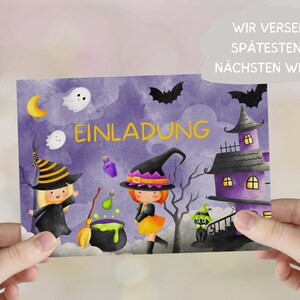May include: Purple invitation card with a watercolor background featuring two witches, a cauldron, a ghost, bats, and a haunted house. The text "Einladung" is written in yellow on the card.