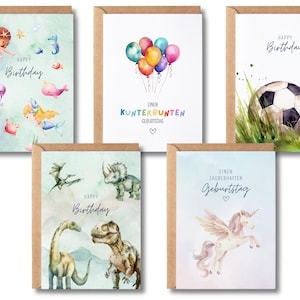 5 Glückwunschkarten Kinder im Set mit Umschlägen, Geburtstagskarten Junge Mädchen, Happy Birthday Karten Fußball Einhorn Meerjungfrau Dino