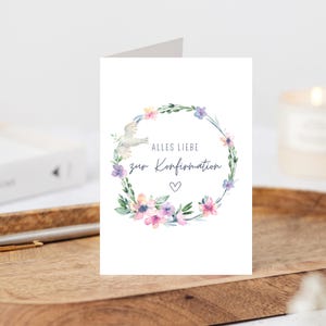 Konfirmationskarte Mädchen floral, Glückwunschkarte zur Konfirmation mit Blumen, Geschenk Konfirmation Friedenstaube, Aquarell Grußkarte