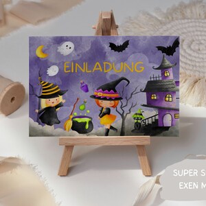 May include: A purple and black Halloween invitation card with a witch cauldron, two witches, a black cat, and a haunted house. The card says "Einladung" in yellow letters.