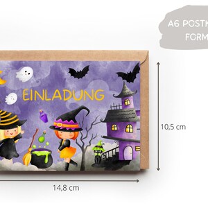 May include: A purple and black Halloween invitation card with two witches, a cauldron, and a haunted house. The card is 14.8 inches by 10.5 inches and says "Einladung" which is German for "Invitation".