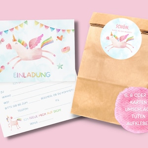Einhorn Einladungskarten und Gastgeschenktüten Set für Einhorn Kindergeburtstag