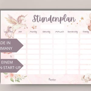 Digitaler Einhorn Stundenplan Mädchen Sofort Download PDF DIN A4 zum Ausdrucken Wochenplaner Kinder rosa Pferd Geschenkidee Einschulung
