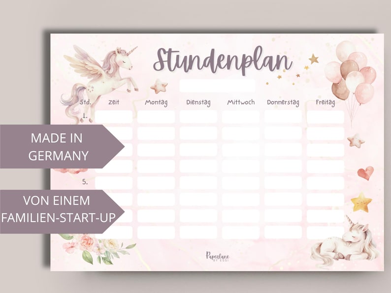 Digitaler Einhorn Stundenplan Mädchen Sofort Download PDF DIN A4 zum Ausdrucken Wochenplaner Kinder rosa Pferd Geschenkidee Einschulung