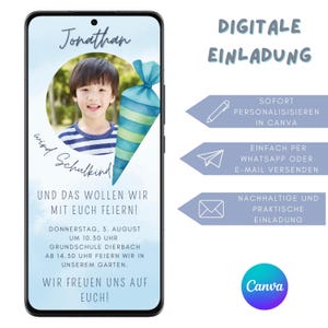 Digitale Einladung Einschulung Junge Schultüte personalisierbar Einladungskarte Schulanfang erster Schultag Einladung Canva Vorlage mit Foto