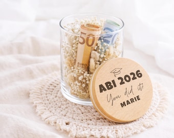 Personalisiertes Geschenk Abitur Glas mit Gravur ABI 2026 Geschenkidee mit Namen Schulabschluss Geldgeschenk Abiturient graviertes Glas