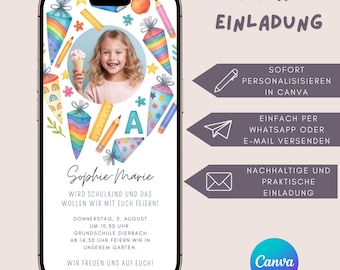 Digital invitation for girls starting school, personalized invitation card for the beginning of school, colorful first day of school invitation Canva template with photo