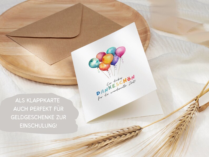 Kita Dankeskarte Erzieherin bunte Ballons A6, Geschenk Abschied Kindergarten Klappkarte, Tagesmutter Dankeschön Grußkarte Abschiedsgeschenk