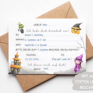 May include: A white invitation card with a black cat, a pumpkin, and a witch illustration. The text on the card reads "Liebe/R Anna, Ich lade dich herzlich ein! Zu meinem 5. Geburtstag. Wann? 16. September um 5 Uhr. Wo? Hauptstra&szlig;e 4 in Neustadt. Bitte gib bis zum 9. September Bescheid, ob du kommst! Telefon Tel 0173 123456. P.S. Bring gute Laune mit :) Ich freue mich auf dich! Deine/r Marie. Mit allen Stiften leicht zu beschriften."