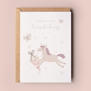 Einhorn Einladungskarte Einschulung Mädchen, Schultüte Einladung Set zum Ausfüllen, Rosa Pferde Einschulungseinladung Schulanfang Schulkind