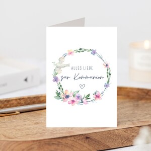 Kommunionskarte Mädchen floral, Glückwunschkarte zur Kommunion mit Blumen, moderne Karte zur Erstkommunion Taube, Aquarell Grußkarte