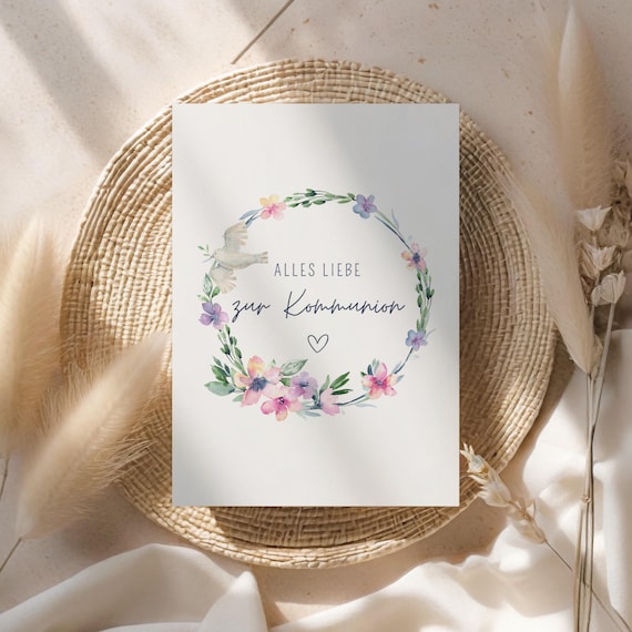 Kommunionskarte Mädchen floral, Glückwunschkarte zur Kommunion mit Blumen, moderne Karte zur Erstkommunion Taube, Aquarell Grußkarte