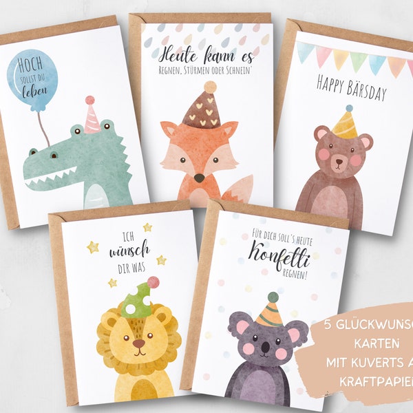 Set de cartes d'anniversaire pour enfants et adultes avec animaux, 5 cartes pliantes avec enveloppes, set de cartes de vœux d'anniversaire