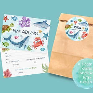 Unterwasser Einladungskarten und Gastgeschenktüten Set für Hai oder Meerjungfrauen Kindergeburtstag
