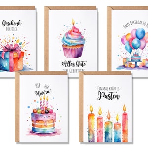 5 Geburtstagskarten Set Kinder, Aquarell Glückwunschkarte Erwachsene, Water Color Klappkarten mit Umschlägen, Grußkarten zum Geburtstag Frau