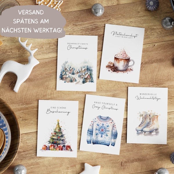 5er Weihnachtskarten Set Aquarell-Motive Skandi-Stil Klappkarten mit Umschlägen Watercolor Christmas Grußkarten Adventszeit Weihnachtspulli
