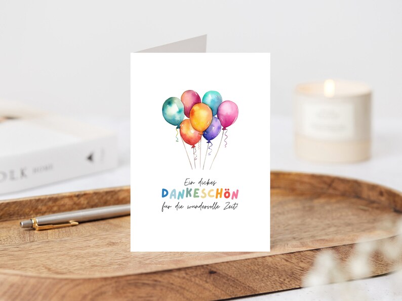 Kita Dankeskarte Erzieherin bunte Ballons A6, Geschenk Abschied Kindergarten Klappkarte, Tagesmutter Dankeschön Grußkarte Abschiedsgeschenk