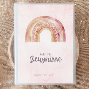 Personalisierte Zeugnismappe Rosa Regenbogen mit Name, Pastell Rainbow Geschenk Einschulung Mädchen, Dokumentenmappe Aquarell Schulanfang