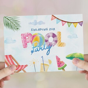 May include: A colorful invitation to a pool party with the word "POOL" in large, playful letters and the word "Party" written in a whimsical script. The invitation features a beach chair, a watermelon slice, a beach ball, and a pool float.