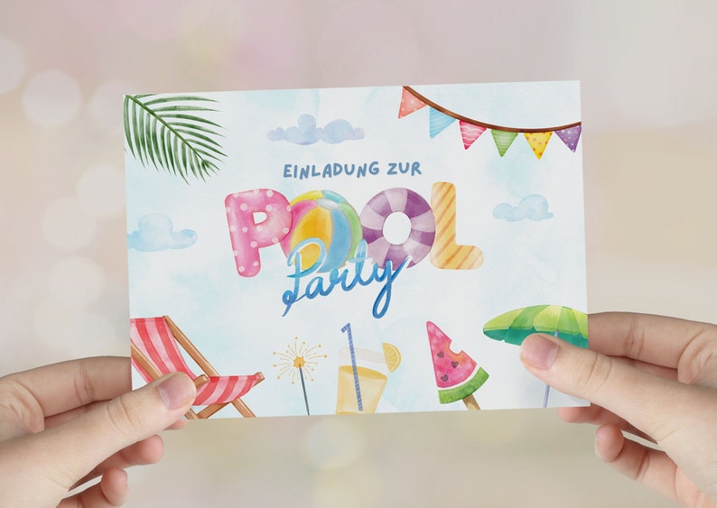 May include: A colorful invitation to a pool party with the word "POOL" in large, playful letters and the word "Party" written in a whimsical script. The invitation features a beach chair, a watermelon slice, a beach ball, and a pool float.