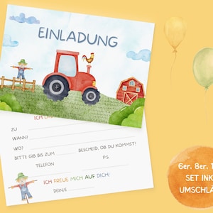 Traktor Einladungskarten - Set zum Ausfüllen inkl. Umschläge - Bauernhof Kindergeburtstag - Mottoparty Trecker