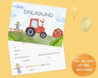 Tractor invitation cards - set to fill out including envelopes - farm children's birthday - tractor theme party