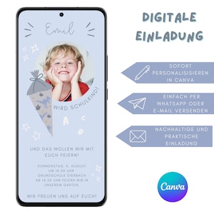 Digitale Einladung Einschulung Junge blau, personalisierbare Einladungskarte Schulanfang erster Schultag Einladung Canva Vorlage mit Foto