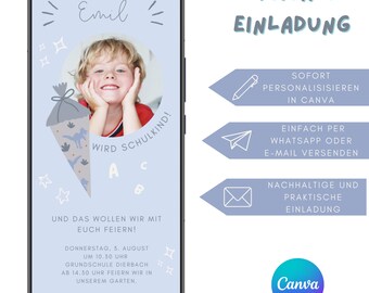 Può includere: Un invito digitale su uno schermo di smartphone. L'invito presenta una foto di un bambino, testo in tedesco e una grafica a cono scolastico. Il testo "DIGITALE EINLADUNG" e "WIRD SCHULKIND!" sono inclusi.