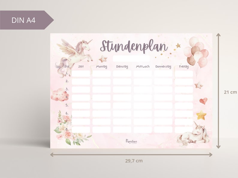 Digitaler Einhorn Stundenplan Mädchen Sofort Download PDF DIN A4 zum Ausdrucken Wochenplaner Kinder rosa Pferd Geschenkidee Einschulung