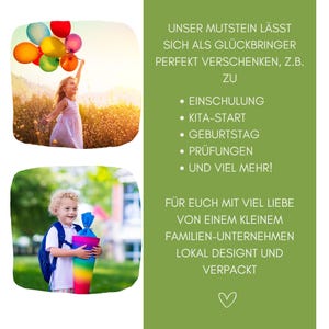 May include: A promotional graphic featuring a child holding colorful balloons and another child holding a rainbow-colored cone. The text in German lists occasions like school enrollment, birthdays, and exams, noting the item is designed by a small business.