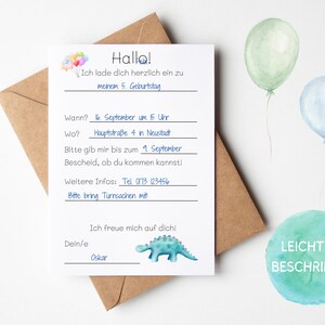 May include: A light blue birthday invitation with a dinosaur illustration and colorful balloons. The invitation includes the text "Hallo!" and details about the birthday party, including the date, time, location, and contact information.
