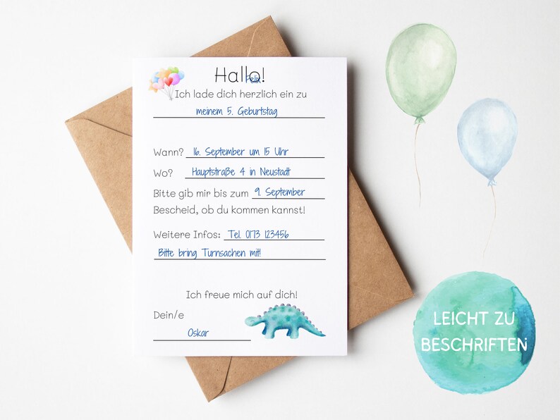 May include: A light blue birthday invitation with a dinosaur illustration and colorful balloons. The invitation includes the text "Hallo!" and details about the birthday party, including the date, time, location, and contact information.
