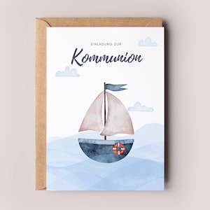 Einladung Kommunion Junge Segelboot, Kommunion Einladungskarte Mädchen, Kommunion Einladung Aquarell, Erstkommunion Einladung zum Ausfüllen