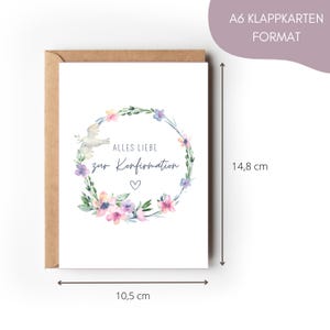 Konfirmationskarte Mädchen floral, Glückwunschkarte zur Konfirmation mit Blumen, Geschenk Konfirmation Friedenstaube, Aquarell Grußkarte