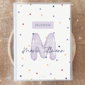 Personalisierte Zeugnismappe Bunte Punkte mit Name, Minimalistisch Geschenk Einschulung Mädchen, Dokumentenmappe Schulkind Lila Polka Dots