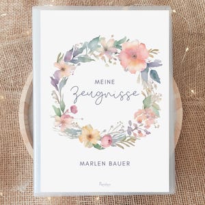 Personalisierte Zeugnismappe Pastell Wildblumen mit Name, Rosa Blumen Geschenk Einschulung Mädchen, Dokumentenmappe Aquarell Schulanfang