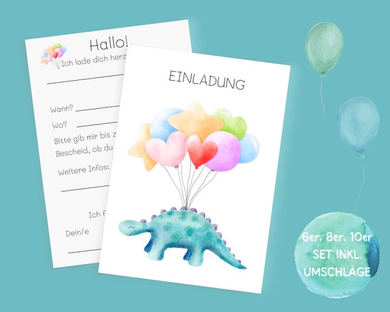 Dino Einladungskarten Set zum Ausfüllen inkl. Umschlag für Dino Geburtstag