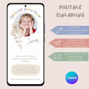 Invito digitale per l'iscrizione a scuola, biglietto d'invito personalizzato per l'inizio della scuola, invito per il primo giorno di scuola per bambini, modello Canva con foto