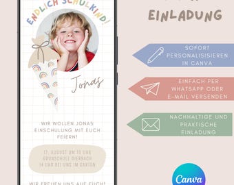 Può includere: Un invito digitale per il primo giorno di scuola di un bambino. L'invito presenta un'illustrazione colorata di un cono con un motivo arcobaleno e una foto di un bambino piccolo. Il testo sull'invito recita "Endlich Schulkind!" e "Jonas". L'invito include anche la data e l'ora dell'evento, nonché la posizione. L'invito è progettato per essere personalizzato e inviato tramite WhatsApp o e-mail.