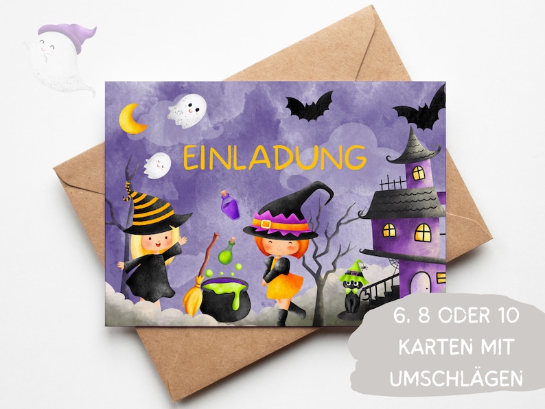 May include: Purple and black Halloween invitation card with two witches, a cauldron, a black cat, and a haunted house. The card says "Einladung" which is German for "Invitation". The card is available in sets of 6, 8, or 10 cards with envelopes.
