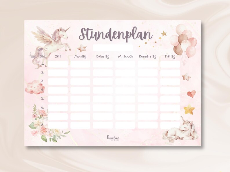 Digitaler Einhorn Stundenplan Mädchen Sofort Download PDF DIN A4 zum Ausdrucken Wochenplaner Kinder rosa Pferd Geschenkidee Einschulung