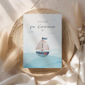 Kommunionskarte Junge Segelboot, Glückwunschkarte zur Kommunion Maritim, moderne Karte zur Erstkommunion Mädchen, Minimalistische Grußkarte