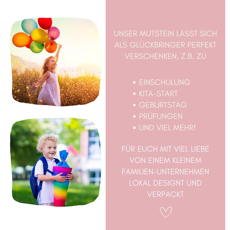 May include: A promotional graphic with a dusty pink background featuring white text and two circular images. The top image shows a child in a white dress holding colorful balloons. The bottom image shows a child with a backpack holding a rainbow cone.