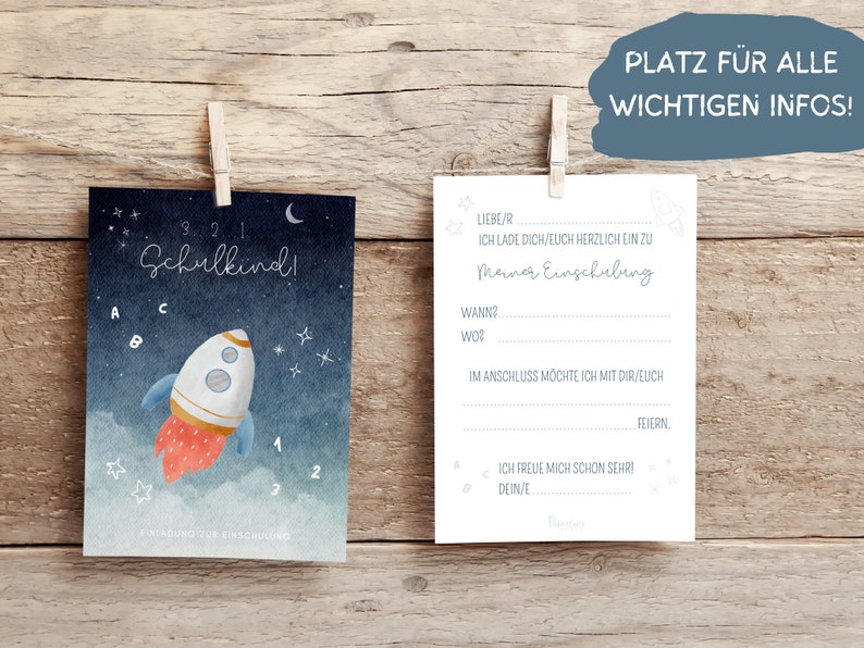 Rakete Einladungskarte Einschulung Junge, Weltraum Einladung Set zum Ausfüllen, Astro Countdown Einschulungseinladung Schulanfang Schulkind