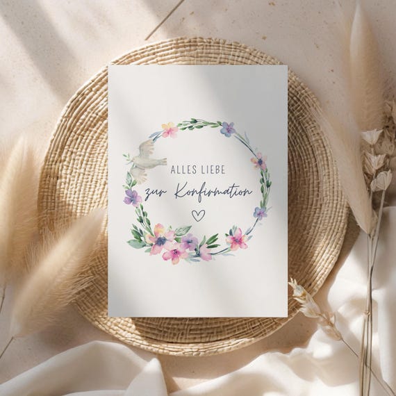 Konfirmationskarte Mädchen floral, Glückwunschkarte zur Konfirmation mit Blumen, Geschenk Konfirmation Friedenstaube, Aquarell Grußkarte