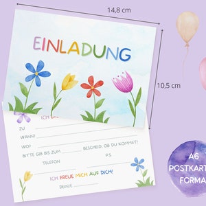 May include: A light blue invitation card with a watercolor design of flowers and the word "EINLADUNG" in colorful letters. The card is 10.5 cm by 14.8 cm and has space for writing details about the event.