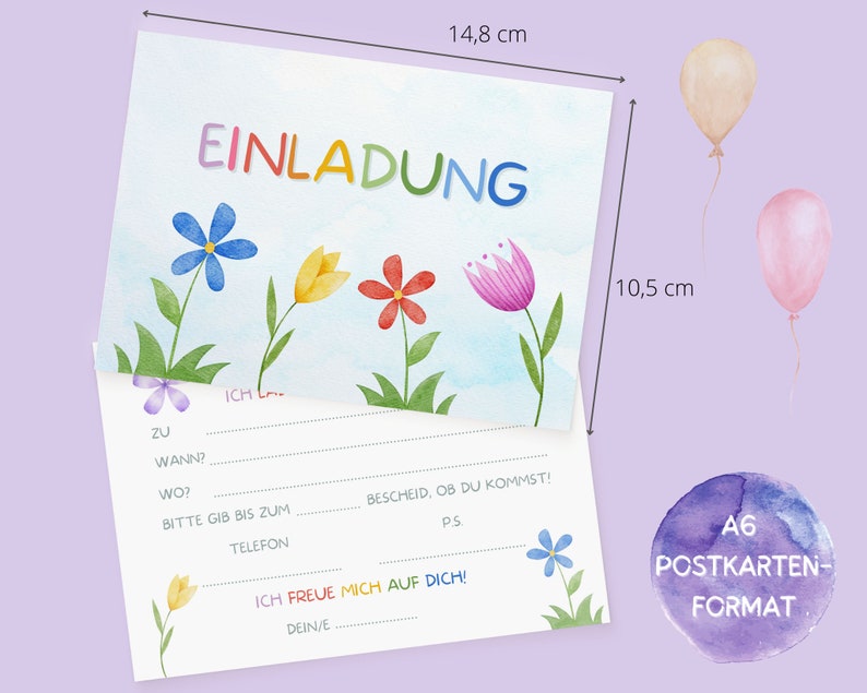 May include: A light blue invitation card with a watercolor design of flowers and the word "EINLADUNG" in colorful letters. The card is 10.5 cm by 14.8 cm and has space for writing details about the event.