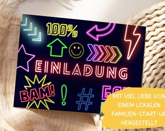 JCVUK Geburtstagseinladungen „Let’s Party!“ – Retro Neon Style – 20 Karten + Umschläge